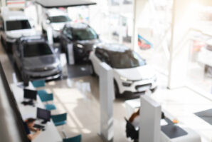 Blurred shot of brand new automobiles various colors, styles, purpose exhibited for distribution at newest luxury showroom, top view, copy space. Car dealership, auto dealer concept. LIFO for auto dealerships